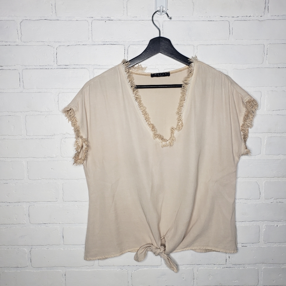 Maven West Boho Frayed V Neck Tie Short Sleeve Blouse